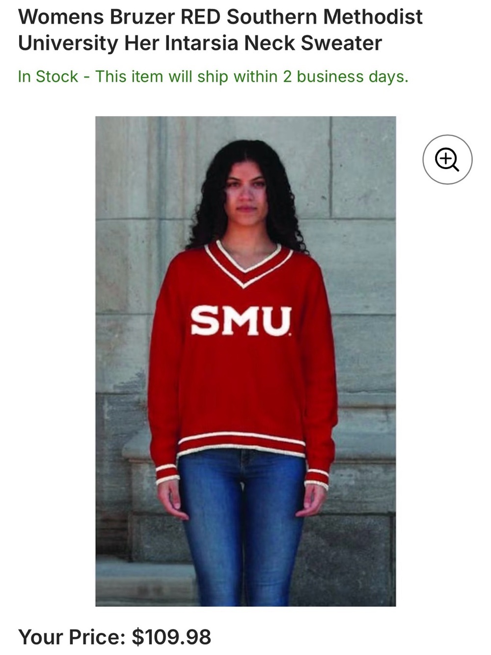 SMU Red V‑Neck Intarsia Sweater